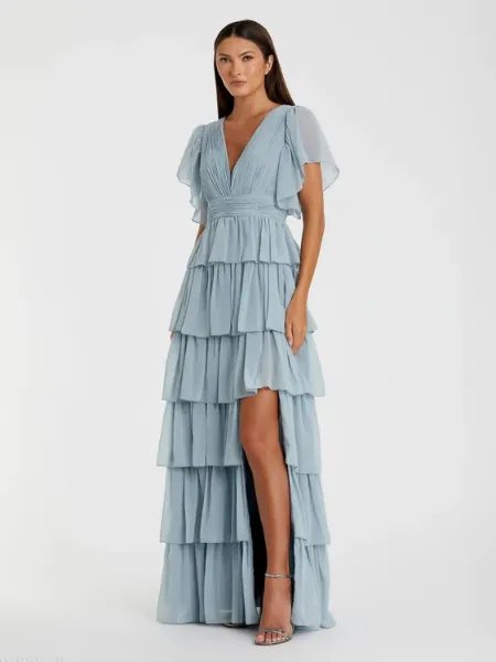 Blue Flutter Sleeve Ruffle Tiered Gown